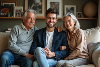 Jeune athlète avec ses parents dans le salon familial