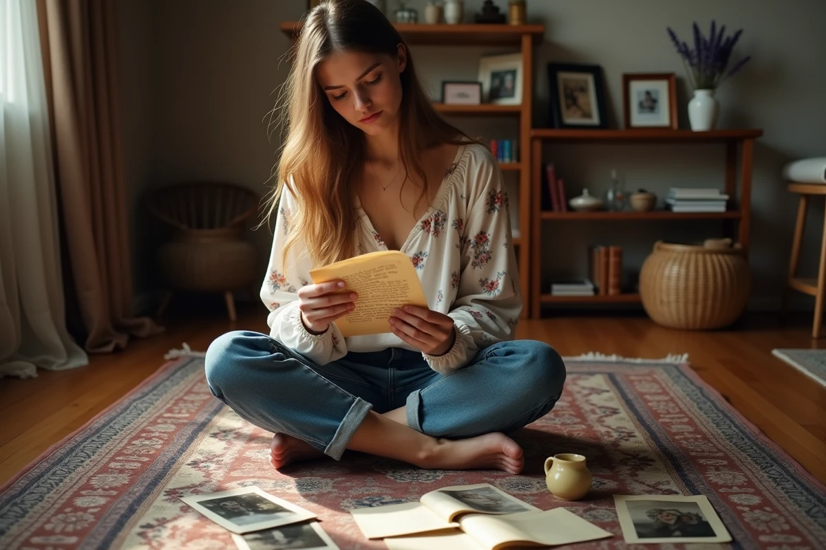 Jeune femme lisant un poème manuscrit entourée de photos de famille, hommage émouvant à une mère disparue
