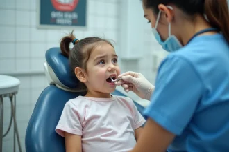 Jeune fille de 7 ans chez le dentiste avec une dentiste