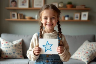 Jeune fille souriante avec carte étoile dans un salon chaleureux