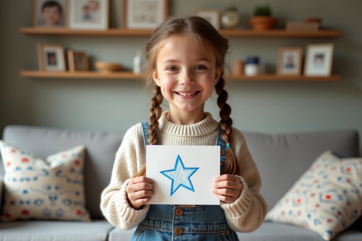 Jeune fille souriante avec carte étoile dans un salon chaleureux