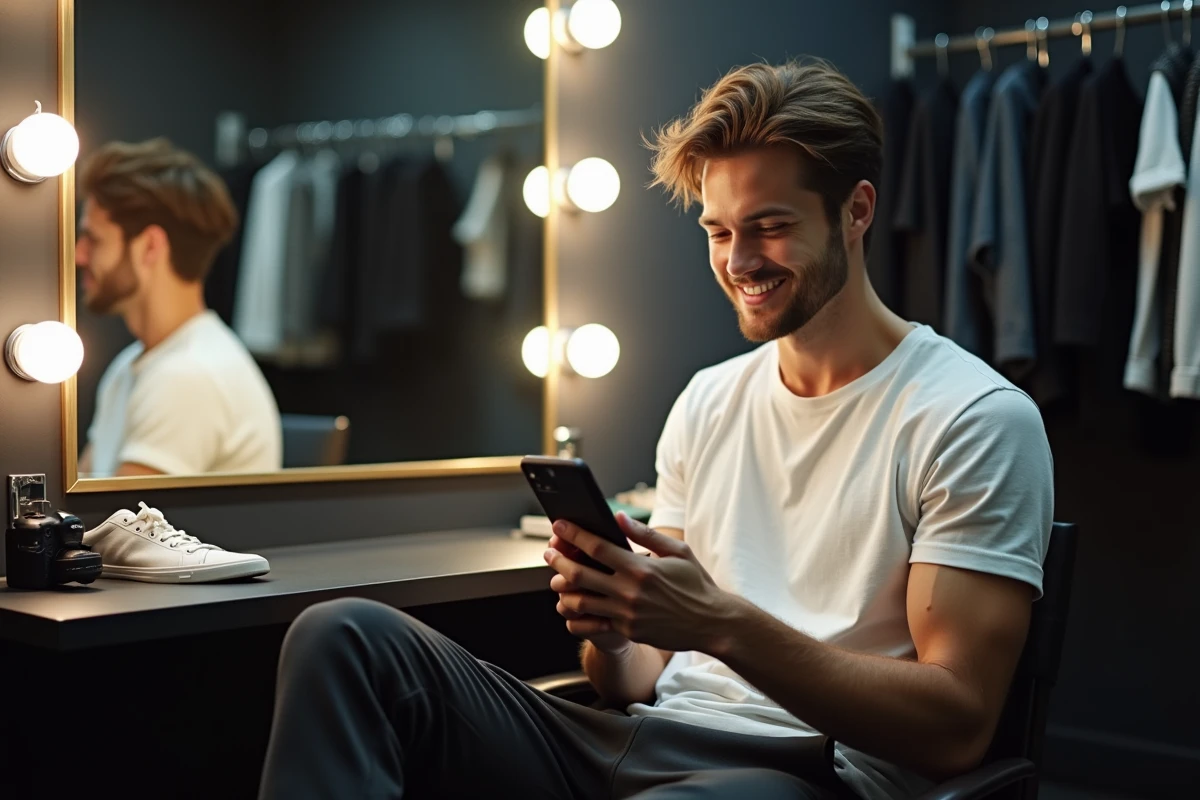 Jeune homme souriant à son téléphone dans une loge de coulisses après un concert