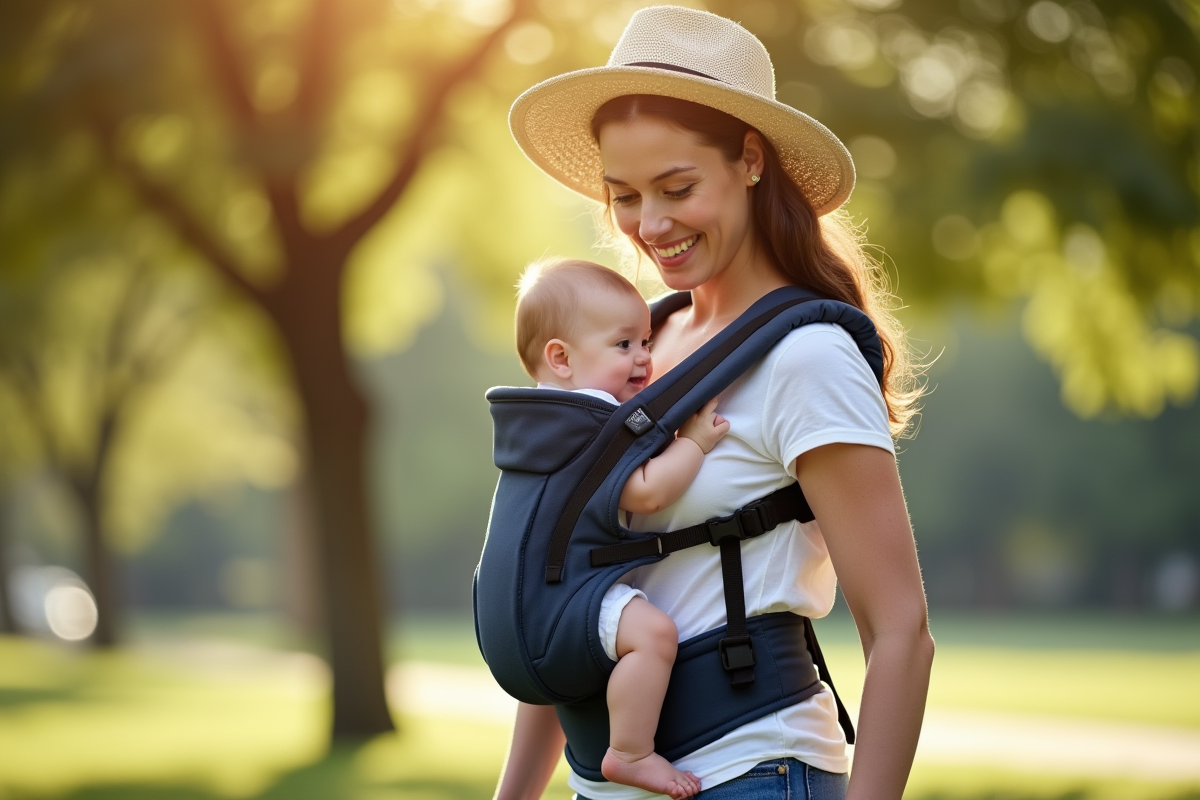 Parent avec porte-bébé moderne dans un parc ensoleille
