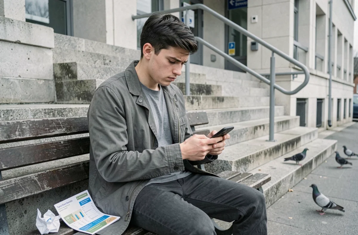 Jeune homme précaire attendant dehors devant un service social avec un document d'aide étudiante