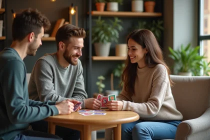 Jeunes adultes jouant aux cartes dans un salon chaleureux