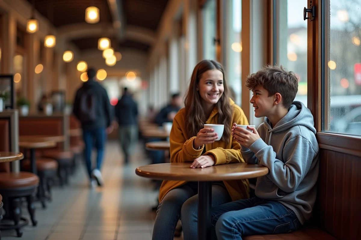 Adolescents dans un café de gare parisienne en train de discuter