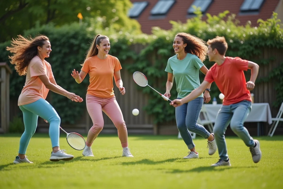 Jeunes de 18 ans jouant au badminton dans un jardin décoré pour un anniversaire en plein air