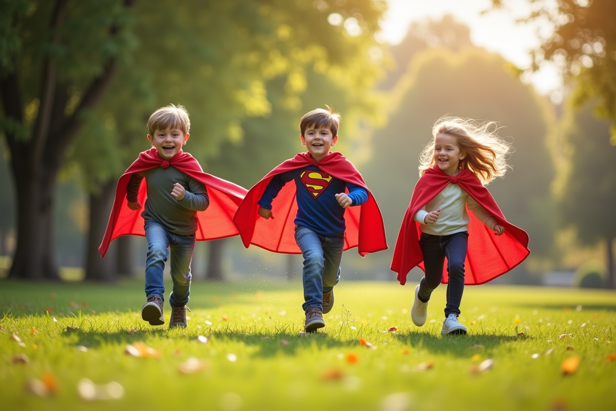 Enfants jouant dehors avec costumes et capes en plein air