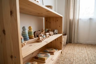 Collection de jouets en bois artisanaux sur une étagère dans une chambre d'enfant au style scandinave épuré
