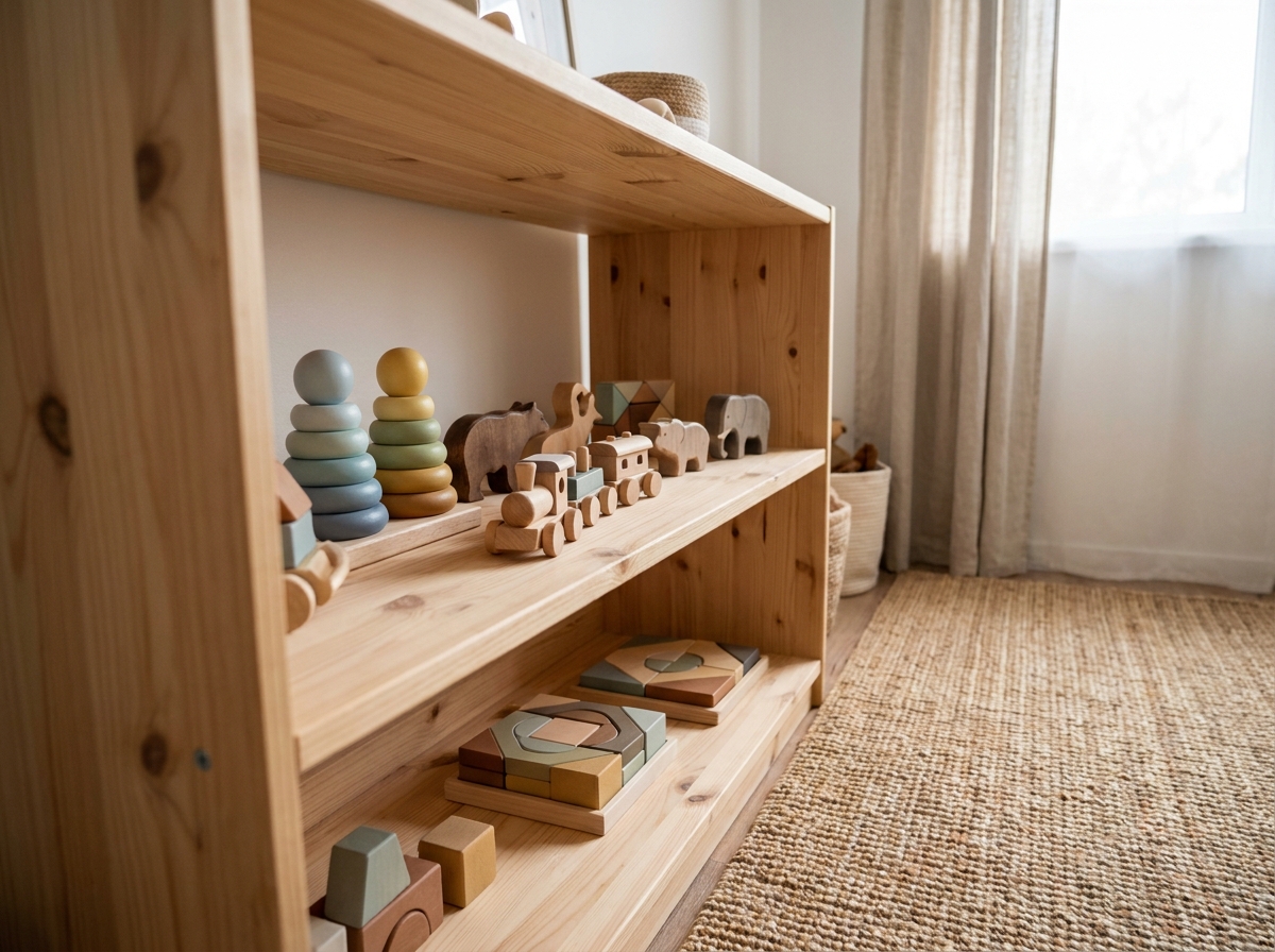 Collection de jouets en bois artisanaux sur une étagère dans une chambre d'enfant au style scandinave épuré