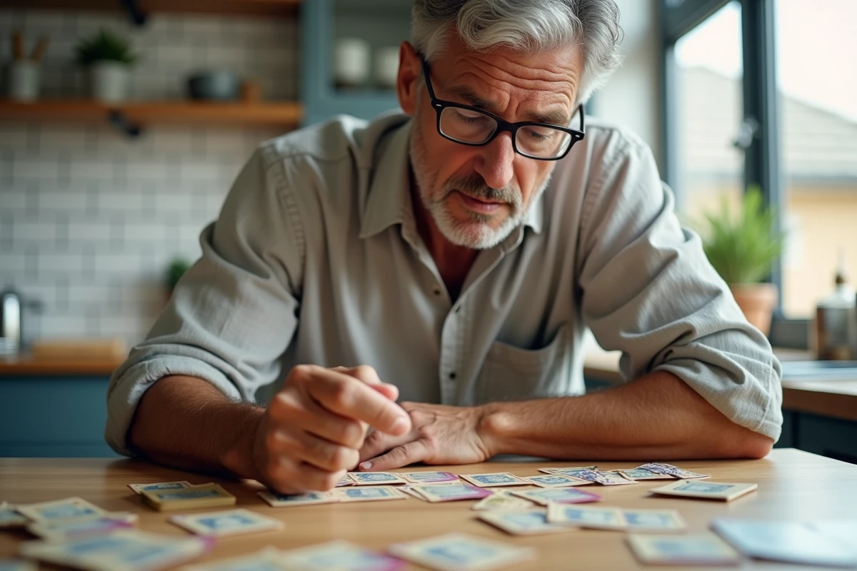 Homme adulte analysant des cartes de jeu Bonne Paye avec une expression concentrée dans une cuisine moderne