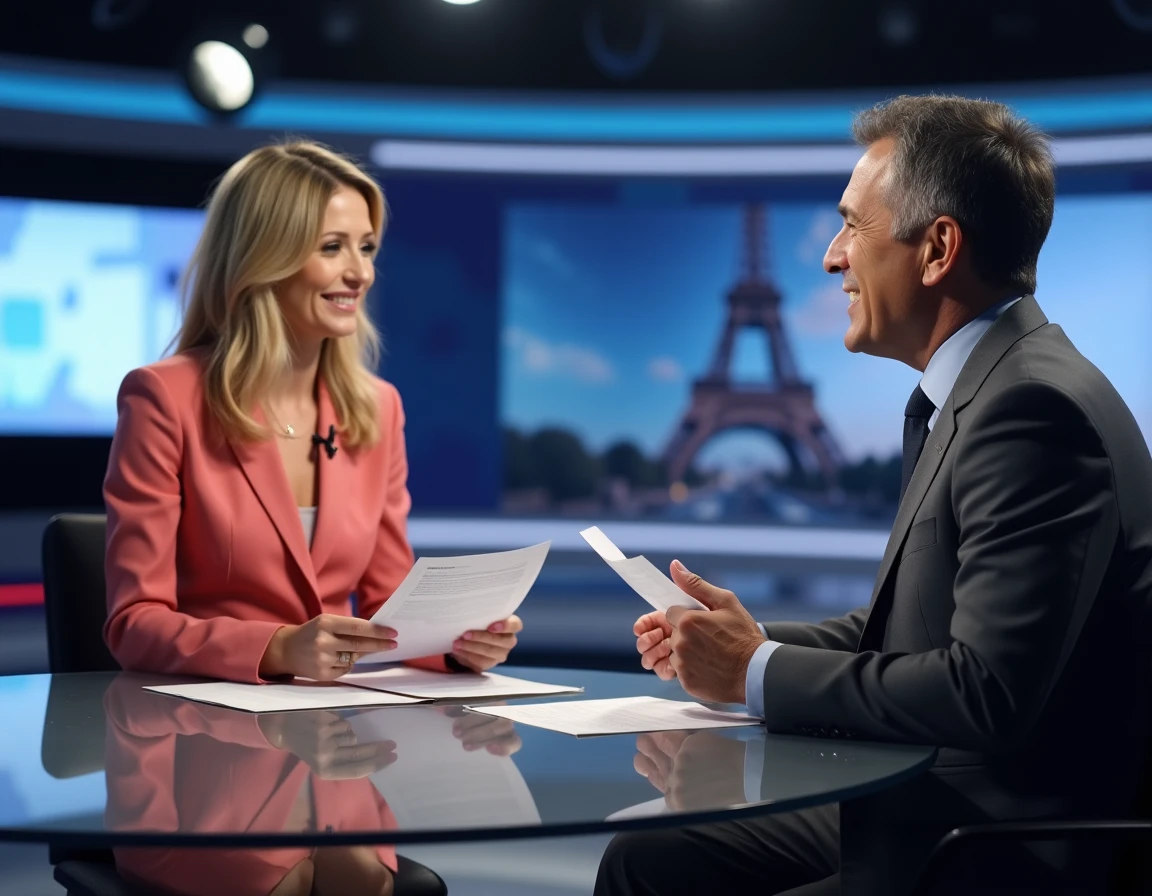 Deux journalistes en discussion dans un studio de télévision français analysant des documents autour d'une table ronde