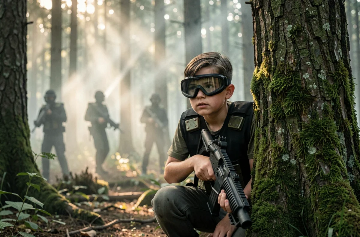 Un garçon équipé joue au laser game dans la forêt de Brocéliande en Ille-et-Vilaine