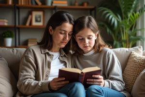 Femme et garçon lisant la Bible ensemble dans le salon