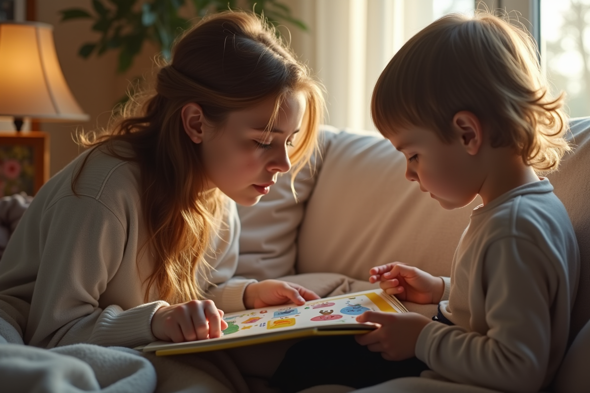 Adulte lisant un livre coloré à un jeune enfant dans un salon chaleureux