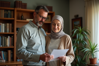 Un couple lit paisiblement un texte dans un bureau cosy