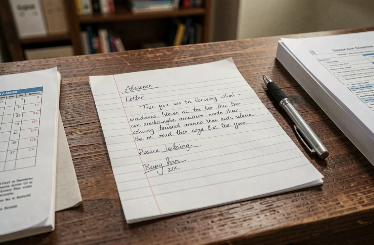 Gros plan d'une lettre d'absence scolaire manuscrite posée sur un bureau avec un stylo et un agenda