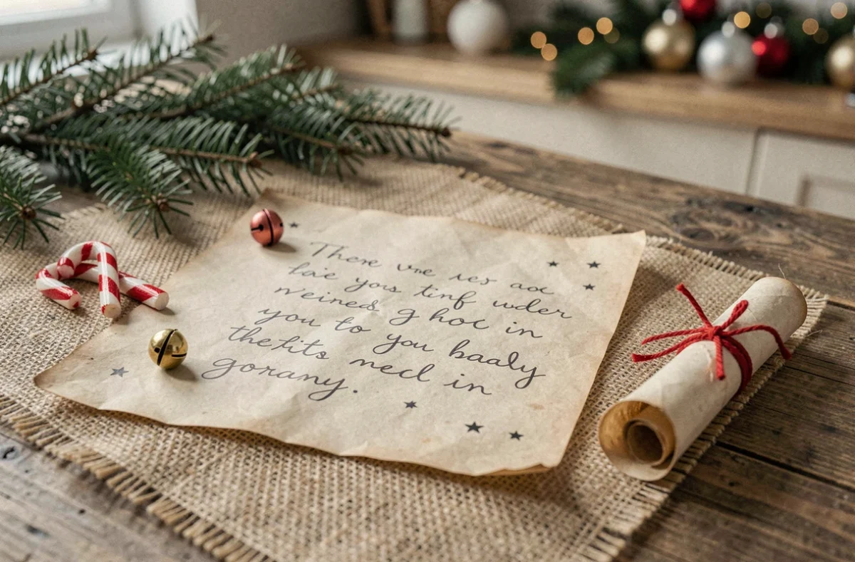 Lettre de lutin farceur manuscrite sur parchemin posée sur une table en bois rustique avec des accessoires de Noël miniatures