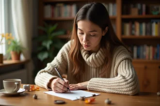 Femme écrivant une lettre pour la petite souris avec une petite dent de lait et une pièce posées sur un bureau en bois