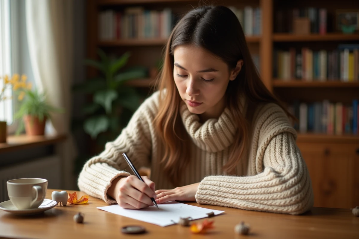Femme écrivant une lettre pour la petite souris avec une petite dent de lait et une pièce posées sur un bureau en bois