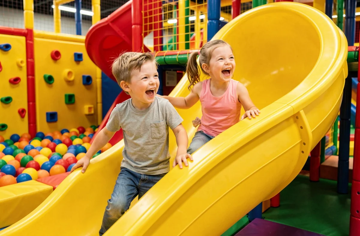 Deux enfants s'amusent dans les structures gonflables colorées du Little Parc à Tremblay