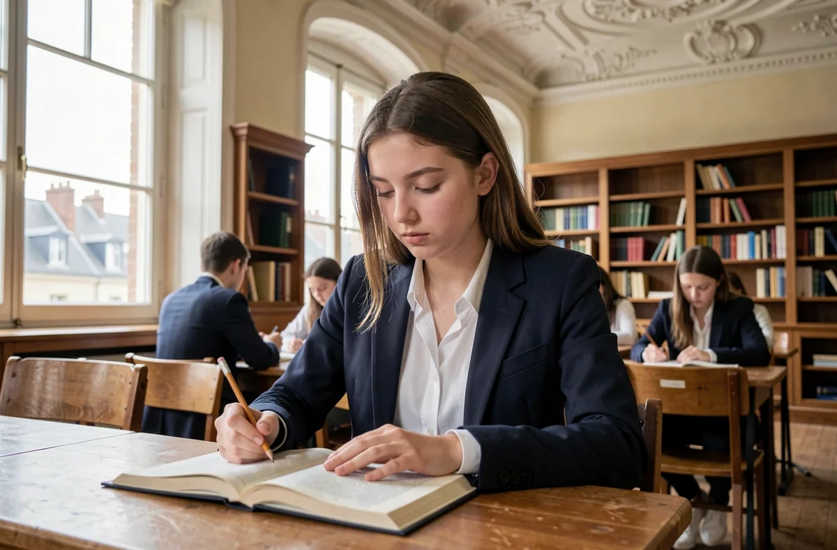 Élève du Lycée Général Notre Dame de Dijon concentrée sur ses études dans une salle de classe aux hauts plafonds ornés