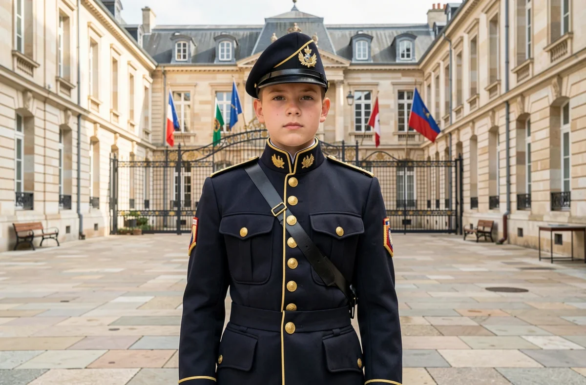 Élève en uniforme militaire du Lycée Militaire National d'Autun au garde-à-vous dans la cour d'honneur de l'établissement