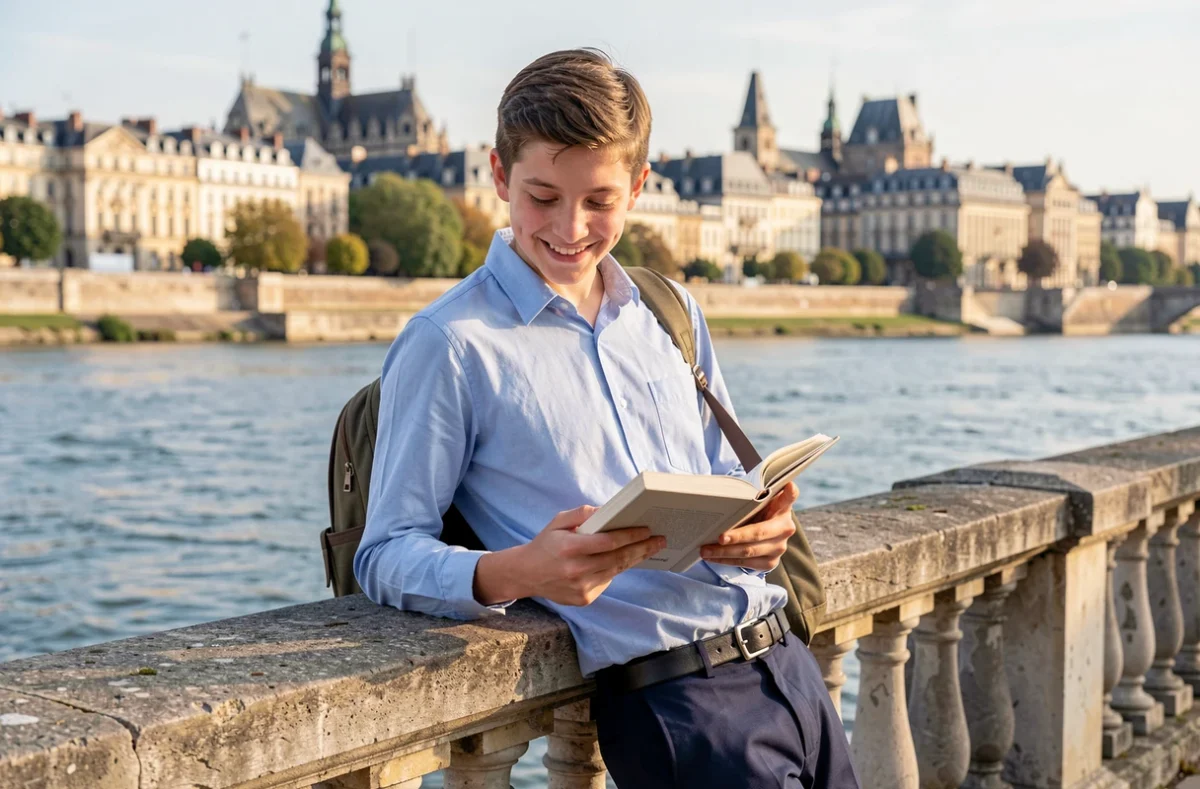 Élève du Lycée Pontus de Tyard à Chalon-sur-Saône lisant un livre appuyé sur un parapet au bord de la Saône avec la ville en arrière-plan