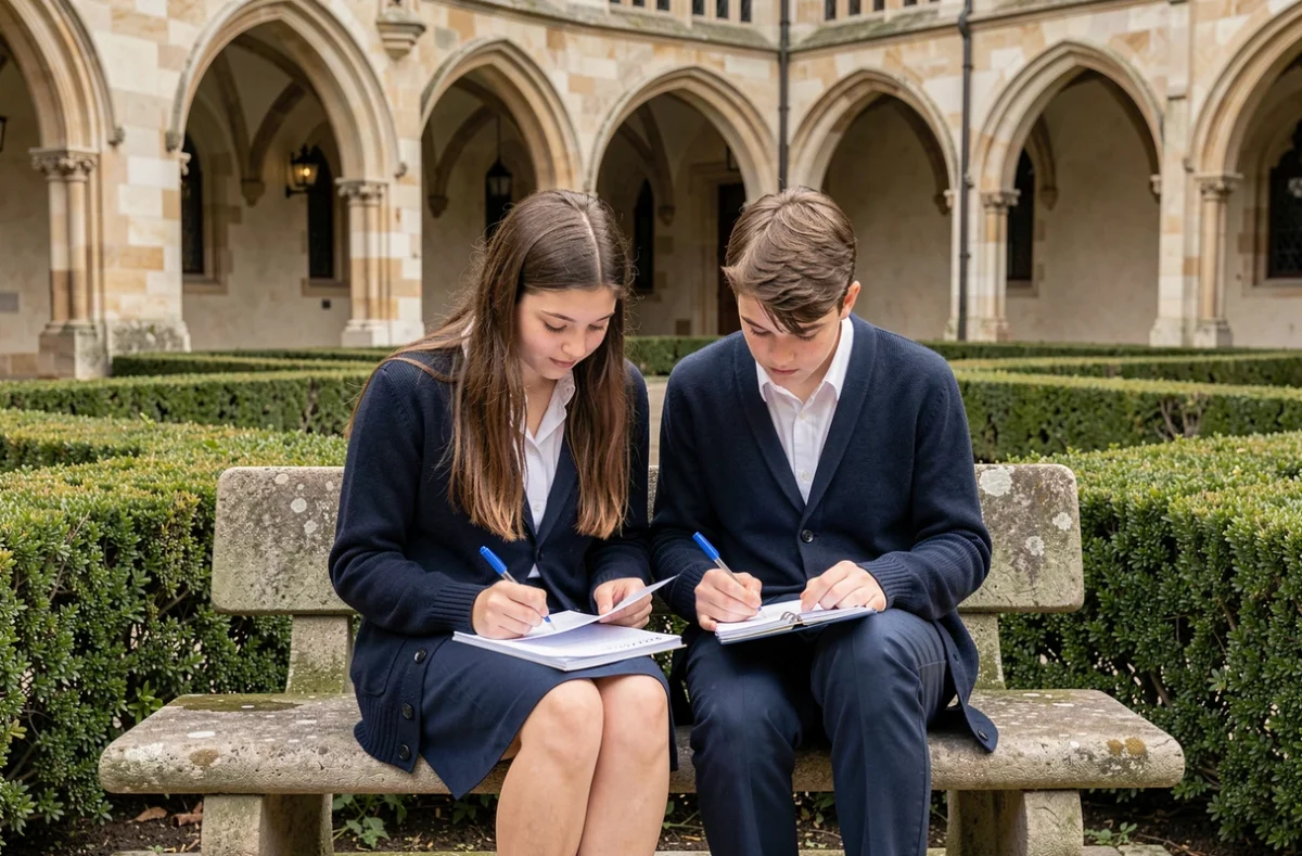 Deux élèves du Lycée Saint-Joseph de Dijon révisant ensemble dans la cour intérieure de l'établissement entourée d'arches en pierre