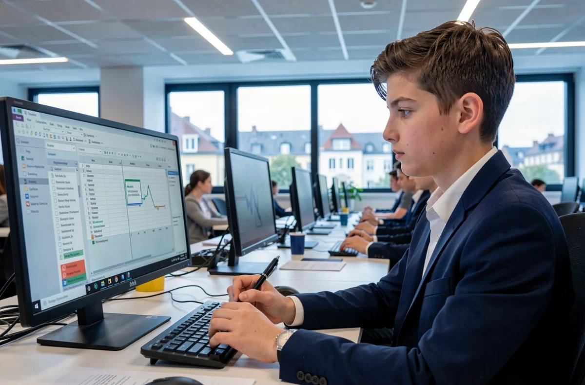 Élève du Lycée Saint-Pierre de Bourg-en-Bresse travaillant sur ordinateur dans une salle informatique moderne de l'établissement