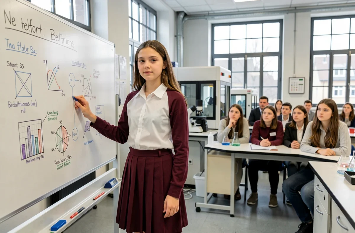 Élève du Lycée Sainte-Marie de Belfort présentant un projet scientifique devant ses camarades dans un laboratoire moderne