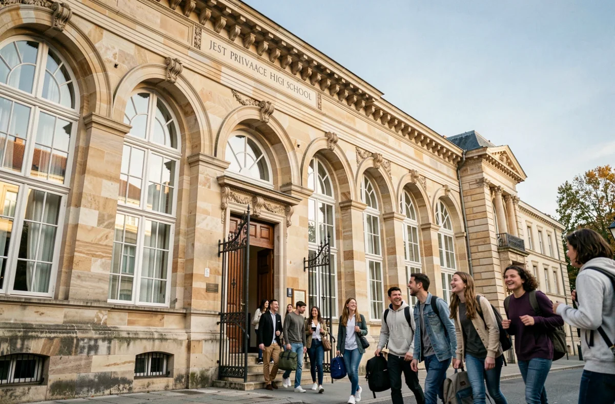 Façade du Lycée de la Trinité à Lyon avec des élèves à l'entrée de l'établissement