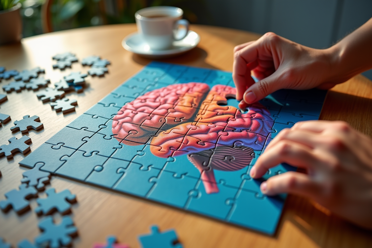 Mains posant la dernière pièce d’un puzzle cerveau sur une table en bois