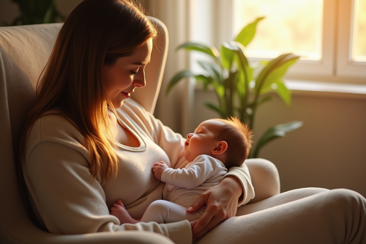 Maman allaite son bébé dans un fauteuil chaleureux