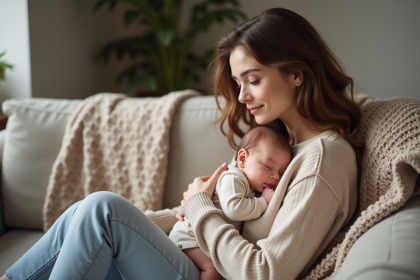 Maman avec son bébé endormi dans un salon chaleureux