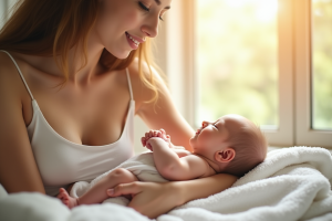 Jeune maman tenant tendrement son bébé dans une salle lumineuse