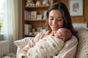 Jeune maman souriante avec son bébé dans un berceau