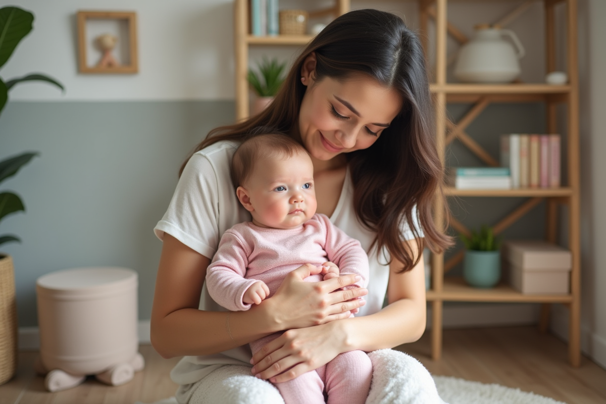 Maman tenant tendrement sa fille dans une nurserie chaleureuse