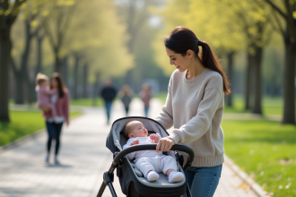 Jeune maman dans un parc avec son bébé en poussette