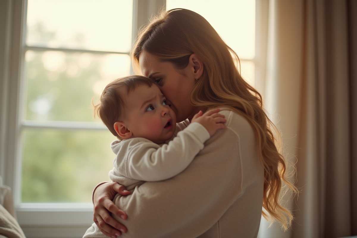 Maman câline son bébé près d