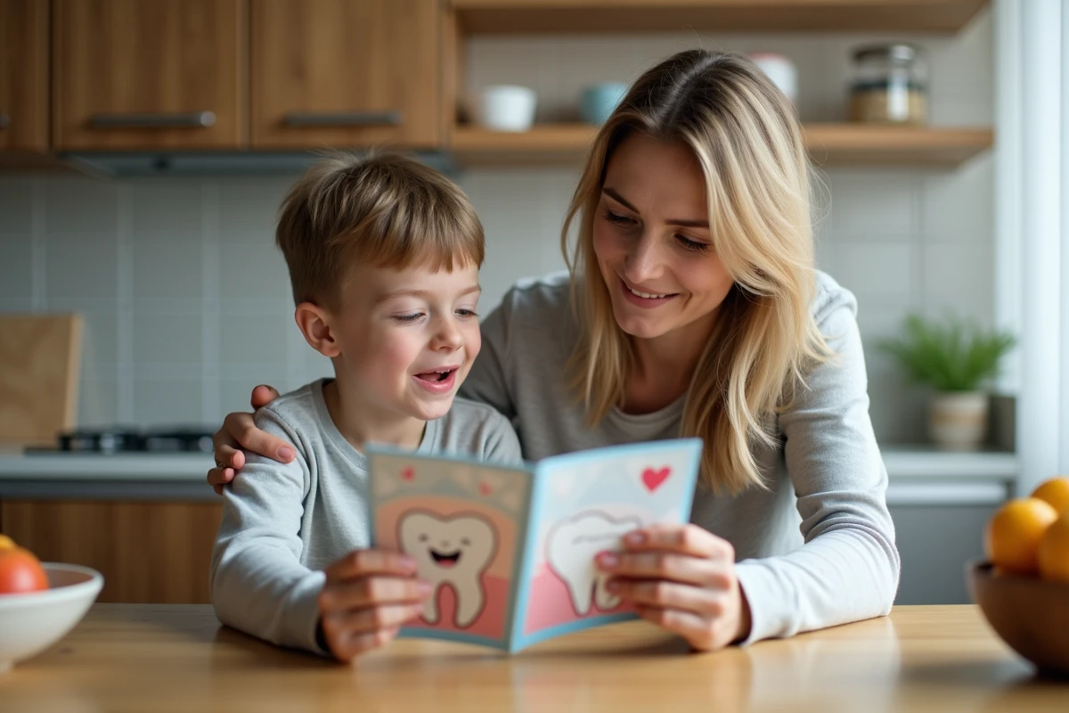 Maman et son enfant regardant une brochure dentaire à la maison