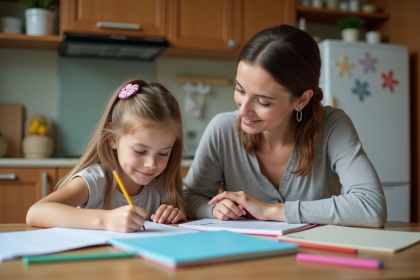 Maman et fille concentrées sur leurs devoirs à la maison