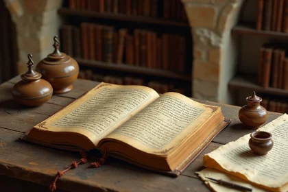 Manuscrit arabe ancien présentant un arbre généalogique calligraphié de la famille du Prophète Mohammed, posé sur un bureau de bibliothèque historique