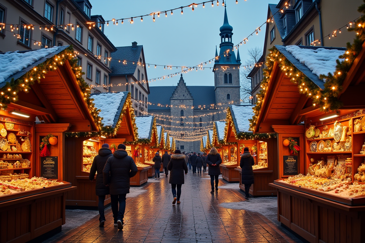 Marché de Noël allemand avec stands en bois et décorations lumineuses