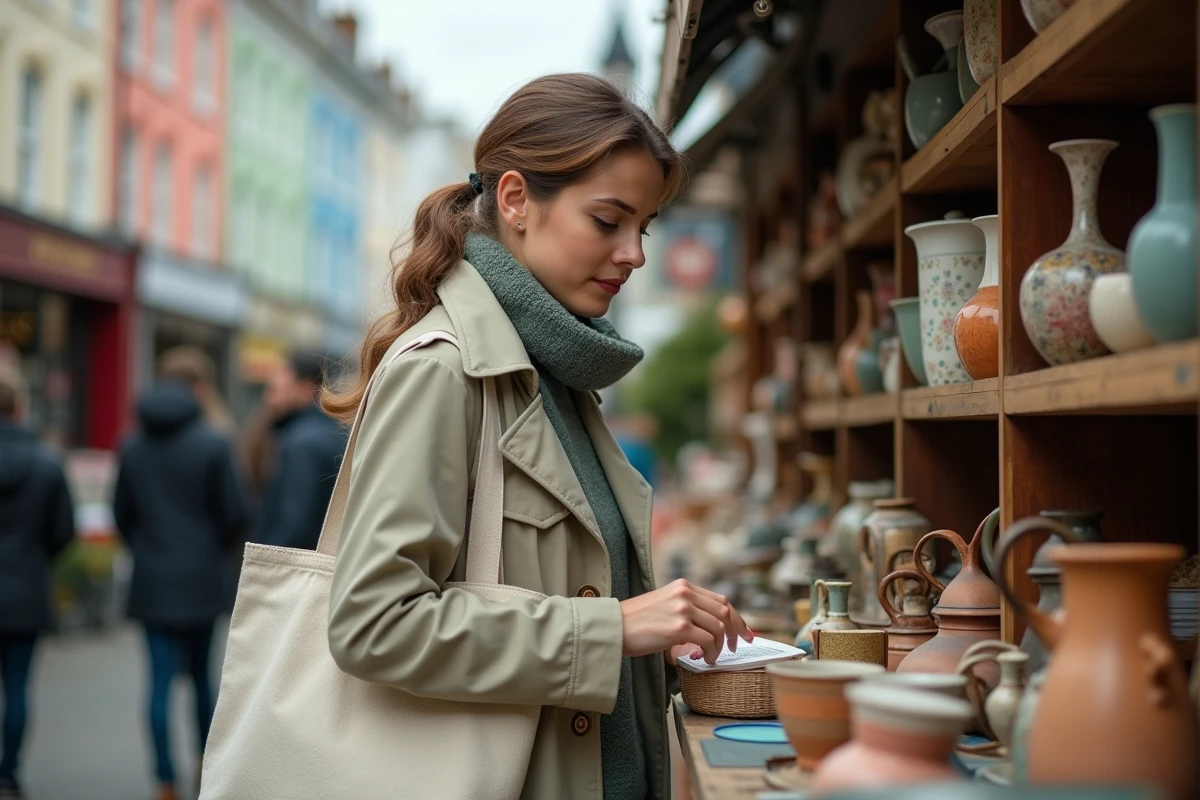 Jeune femme explorant le marché de Portobello Road à Notting Hill lors des vacances scolaires de printemps à Londres