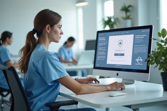 Professionnelle de santé consultant le portail Medisys connexion sur un écran d'ordinateur dans un bureau hospitalier moderne