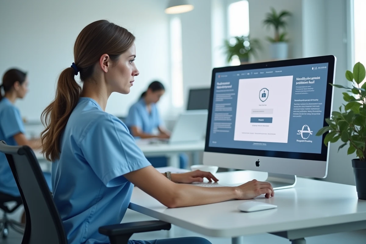 Professionnelle de santé consultant le portail Medisys connexion sur un écran d'ordinateur dans un bureau hospitalier moderne
