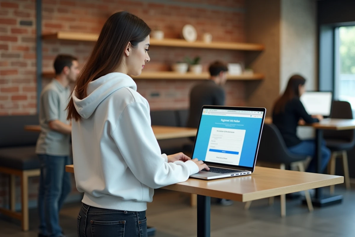 Jeune femme suivant un tutoriel pas à pas pour la connexion Medisys sur un ordinateur portable dans un espace de coworking