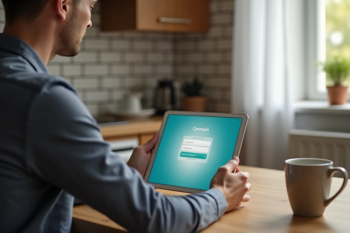 Nouvel utilisateur masculin se connectant à son compte Medisys depuis une tablette à la maison