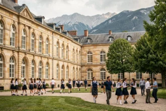 Vue d'ensemble d'un grand lycée privé en Auvergne-Rhône-Alpes avec cour intérieure et élèves en uniforme